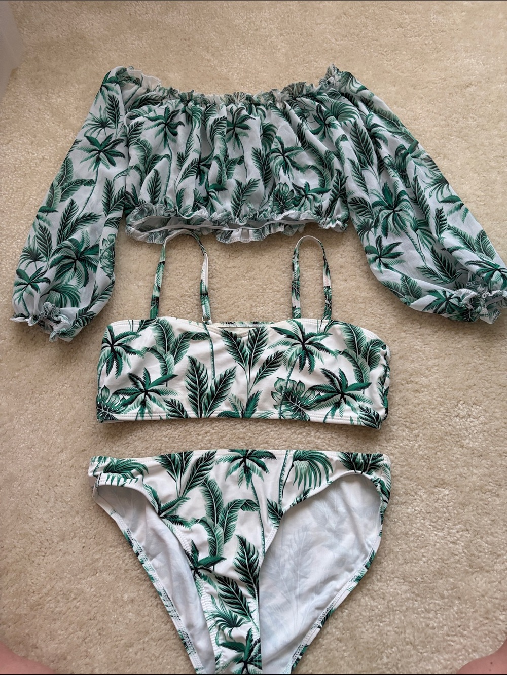 Tropical Palm Print 3-Piece Bikini Set in Green and White